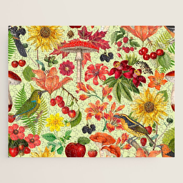Autumns Delight Botanical Pattern With Birds On Green Jigsaw Puzzle Gallery Image 1