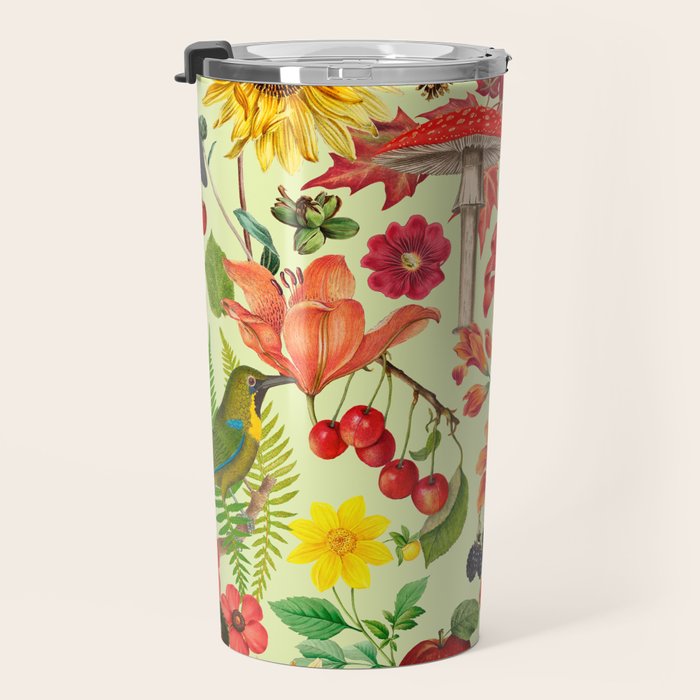 Autumns Delight Botanical Pattern With Birds On Green Travel Mug Gallery Image 3