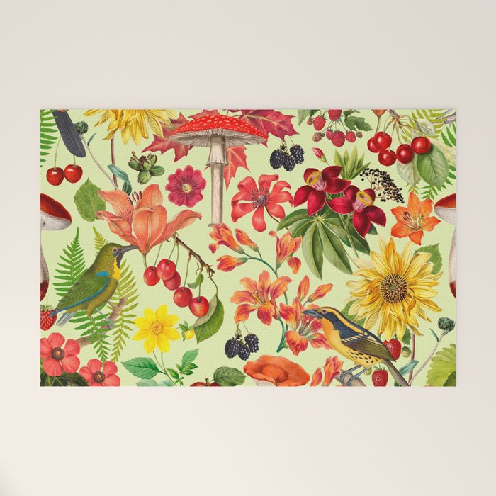 Autumns Delight Botanical Pattern With Birds On Green Welcome Mat Gallery Image 1