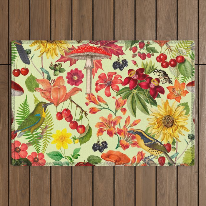 Autumns Delight Botanical Pattern With Birds On Green Outdoor Rug Gallery Image 1