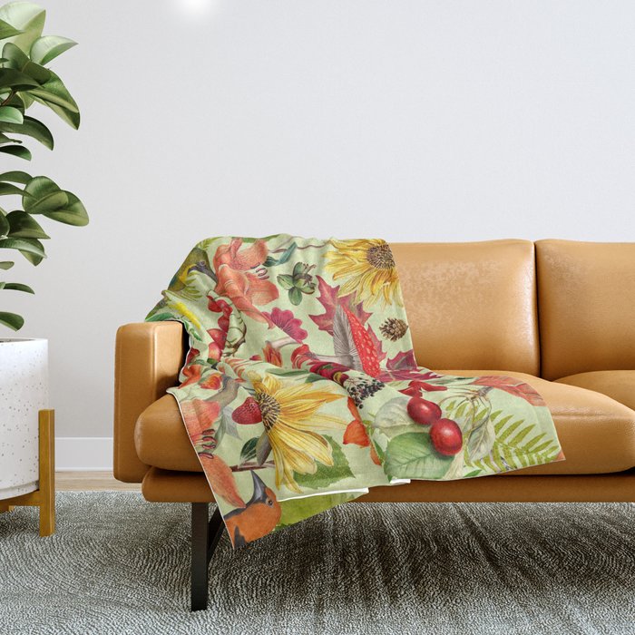Autumns Delight Botanical Pattern With Birds On Green Throw Blanket Gallery Image 1