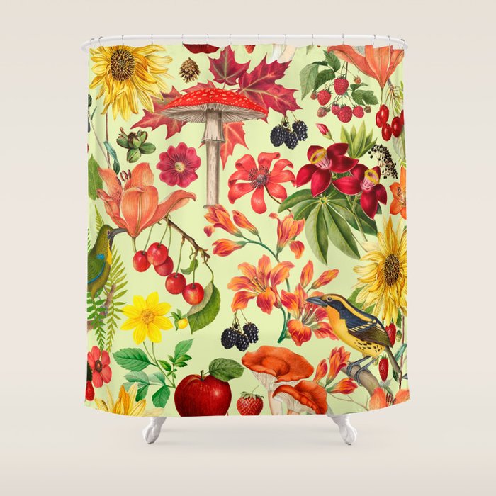 Autumns Delight Botanical Pattern With Birds On Green Shower Curtain Gallery Image 1