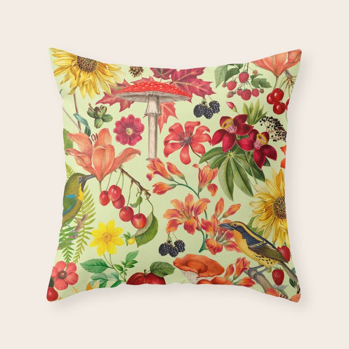 Autumns Delight Botanical Pattern With Birds On Green Throw Pillow Gallery Image 6