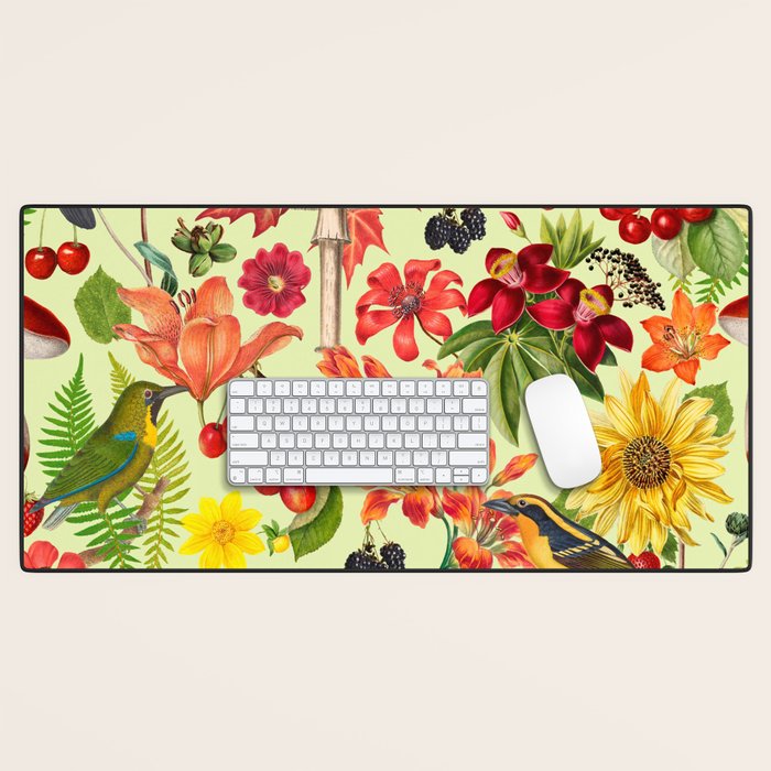 Autumns Delight Botanical Pattern With Birds On Green Desk Mat Gallery Image 1