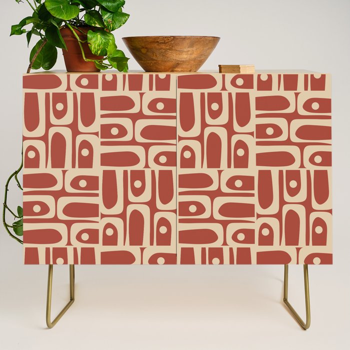 Mid Century Modern Piquet Abstract Multi Pattern in Mid Mod Rust and Beige Credenza Gallery Image 1