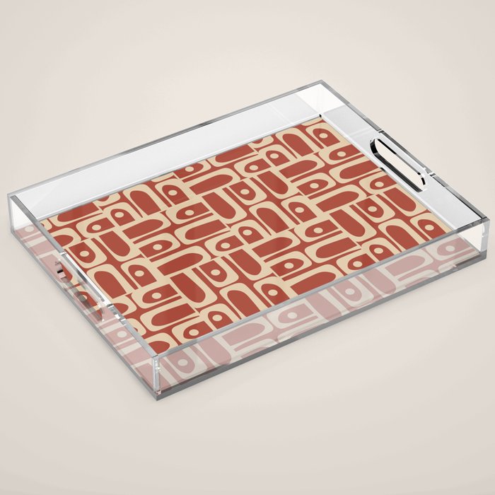 Mid Century Modern Piquet Abstract Multi Pattern in Mid Mod Rust and Beige Acrylic Tray Gallery Image 1