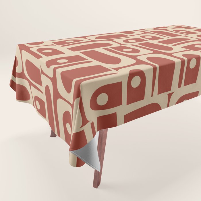 Mid Century Modern Piquet Abstract Multi Pattern in Mid Mod Rust and Beige Tablecloth Gallery Image 1