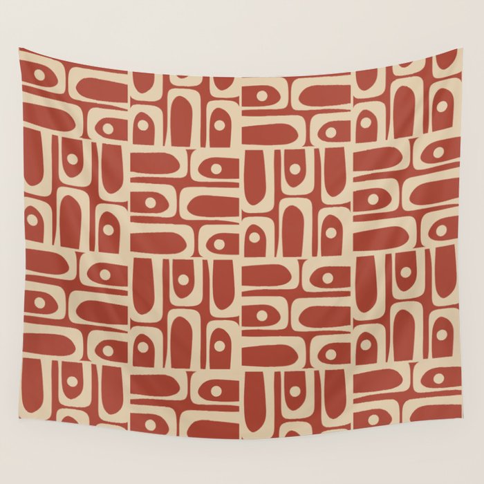 Mid Century Modern Piquet Abstract Multi Pattern in Mid Mod Rust and Beige Wall Tapestry Gallery Image 1