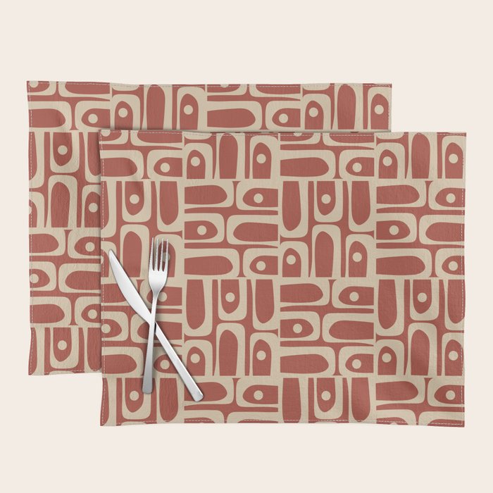 Mid Century Modern Piquet Abstract Multi Pattern in Mid Mod Rust and Beige Placemat Gallery Image 1