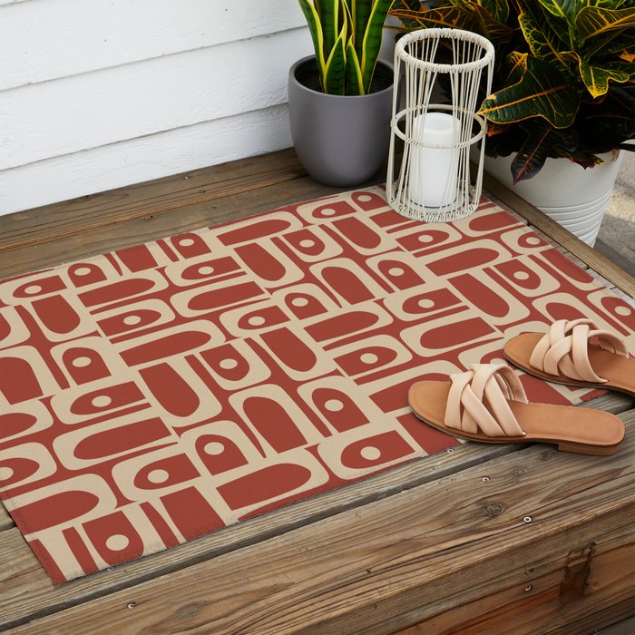 Mid Century Modern Piquet Abstract Multi Pattern in Mid Mod Rust and Beige Outdoor Rug Gallery Image 2