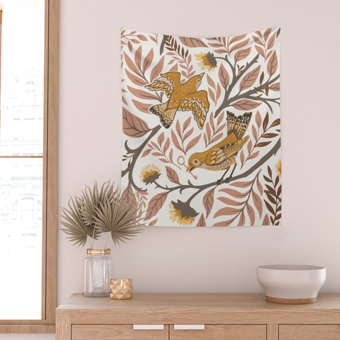 Secret Garden Birds - Neutral  Wall Tapestry Gallery Image 2