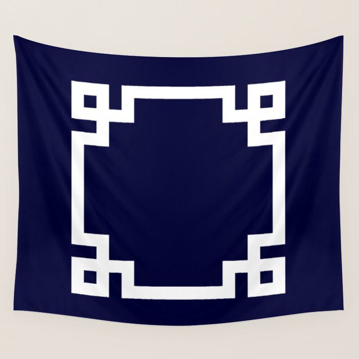 Greek Key Square White On Navy Blue Wall Tapestry Gallery Image 4