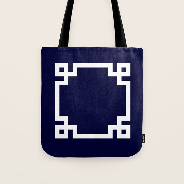 Greek Key Square White On Navy Blue Tote Bag Gallery Image 1
