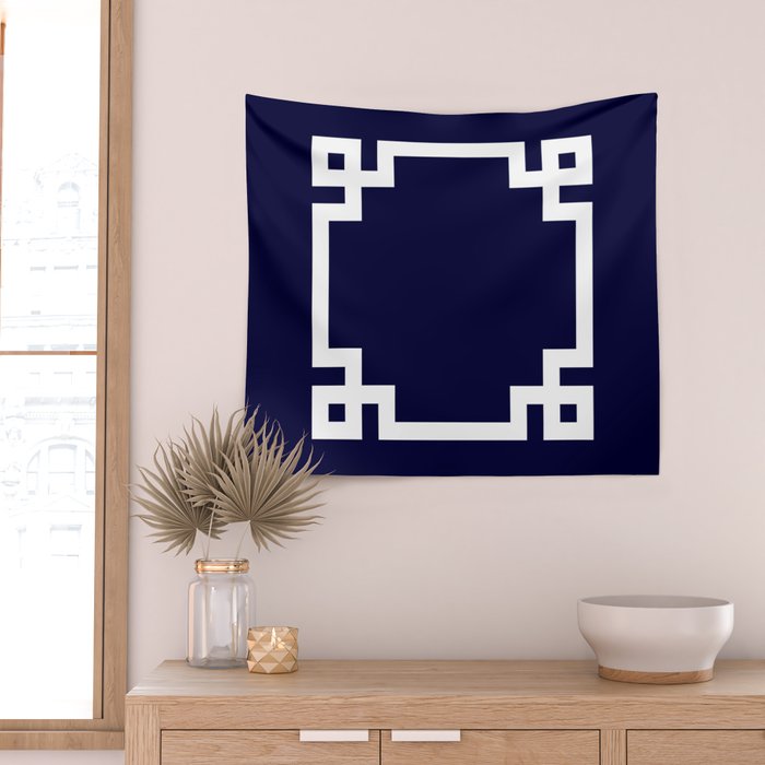 Greek Key Square White On Navy Blue Wall Tapestry Gallery Image 2