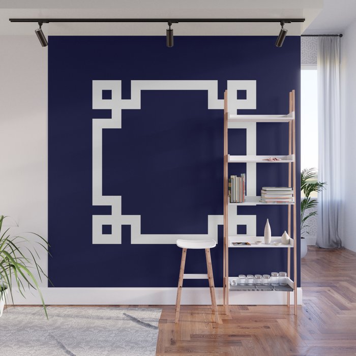 Greek Key Square White On Navy Blue Wall Mural