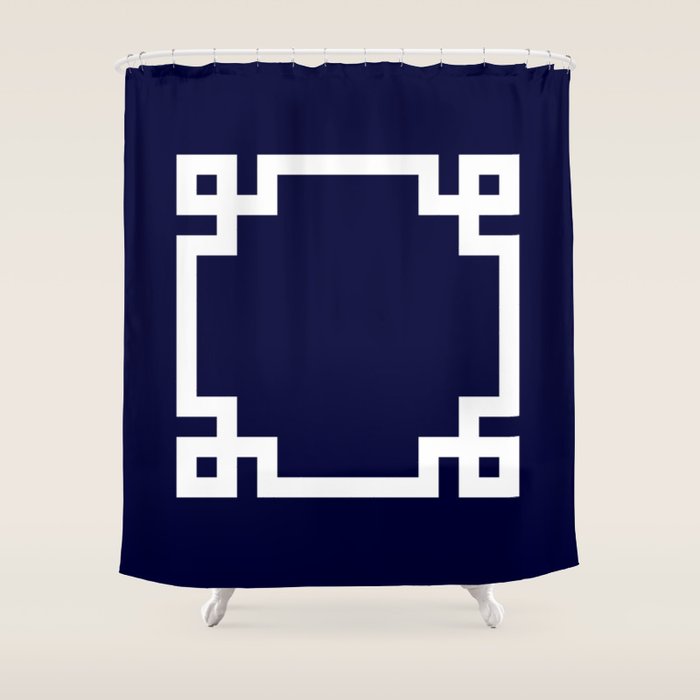 Greek Key Square White On Navy Blue Shower Curtain Gallery Image 1