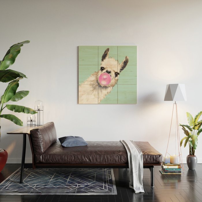 Bubble Gum Sneaky Llama in Green Wood Wall Art Gallery Image 2