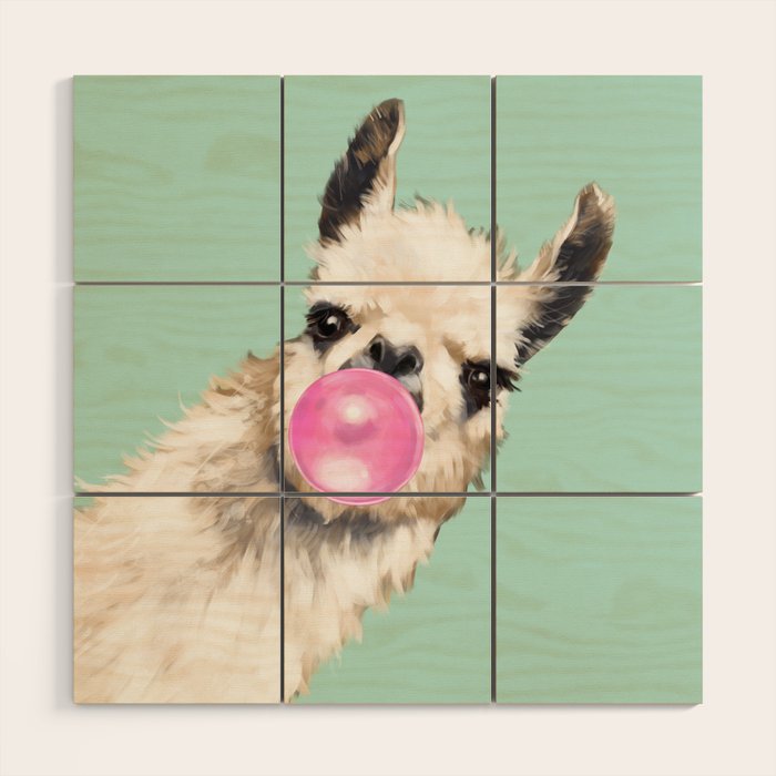 Bubble Gum Sneaky Llama in Green Wood Wall Art Gallery Image 1
