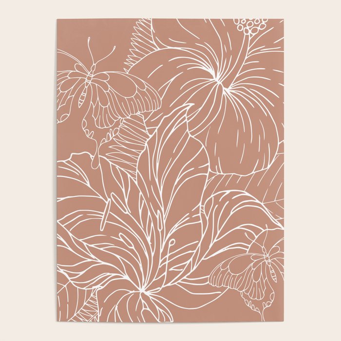 Floral, Butterfly Art, Line Drawing, Terracotta Poster Gallery Image 4