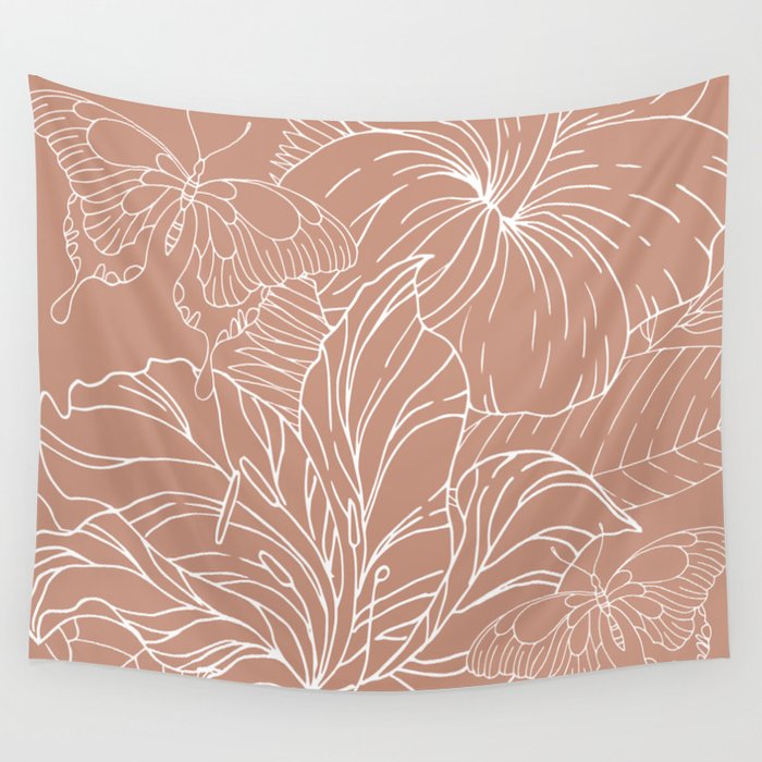 Floral, Butterfly Art, Line Drawing, Terracotta Wall Tapestry Gallery Image 4