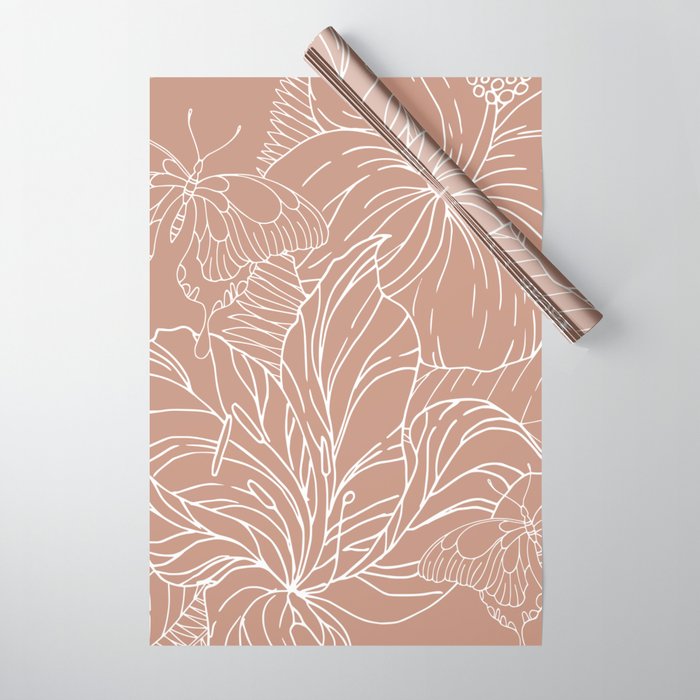Floral, Butterfly Art, Line Drawing, Terracotta Wrapping Paper Gallery Image 1