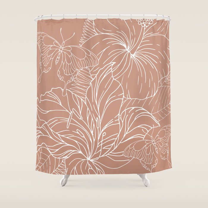 Floral, Butterfly Art, Line Drawing, Terracotta Shower Curtain Gallery Image 1