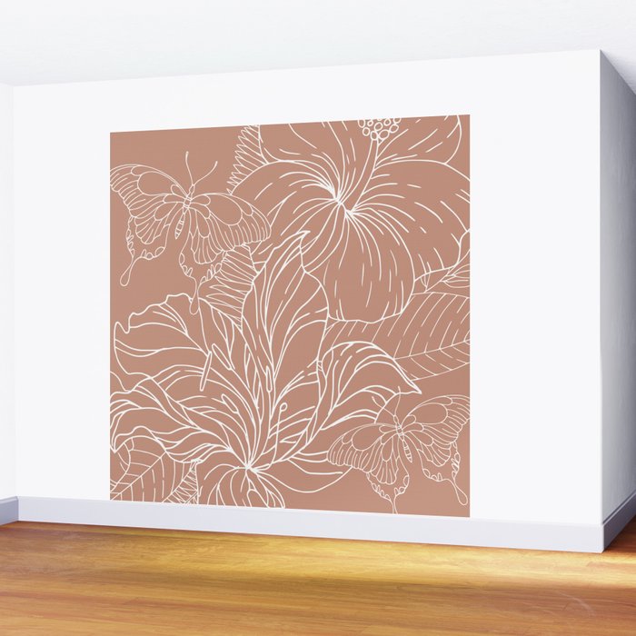 Floral, Butterfly Art, Line Drawing, Terracotta Wall Mural Gallery Image 2