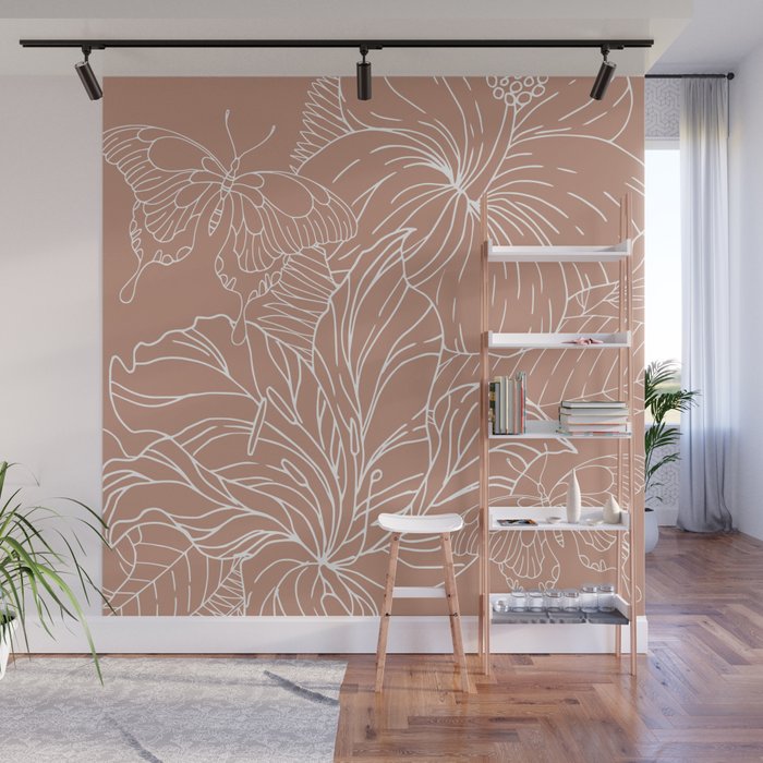 Floral, Butterfly Art, Line Drawing, Terracotta Wall Mural Gallery Image 1