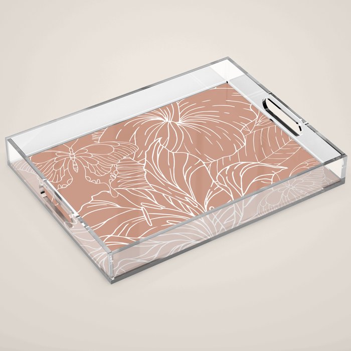 Floral, Butterfly Art, Line Drawing, Terracotta Acrylic Tray Gallery Image 1