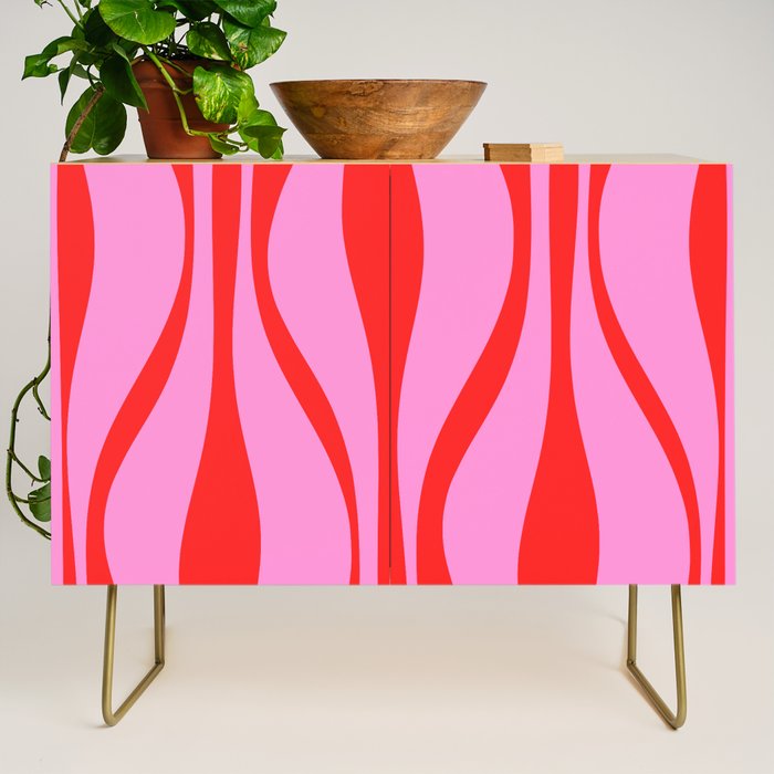 Mid Century Modern Retro Lounge Ogee Pattern Preppy Pink and Red Credenza Gallery Image 1