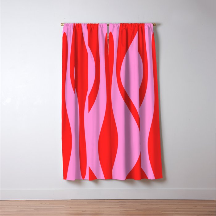 Mid Century Modern Retro Lounge Ogee Pattern Preppy Pink and Red Window Curtain Gallery Image 3