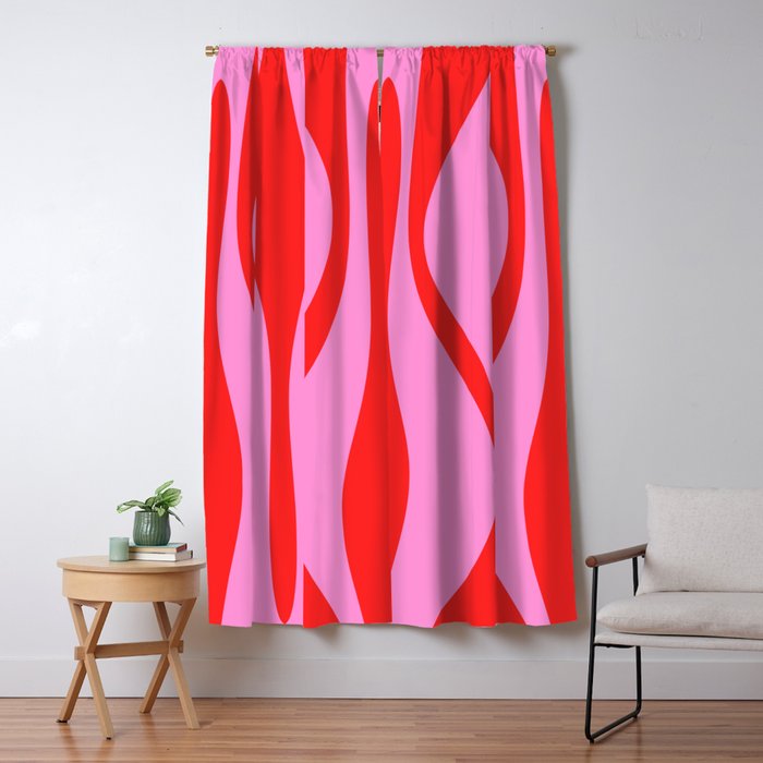 Mid Century Modern Retro Lounge Ogee Pattern Preppy Pink and Red Window Curtain Gallery Image 5