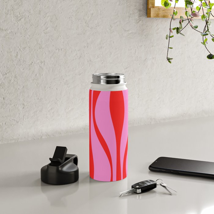 Mid Century Modern Retro Lounge Ogee Pattern Preppy Pink and Red Water Bottle Gallery Image 4