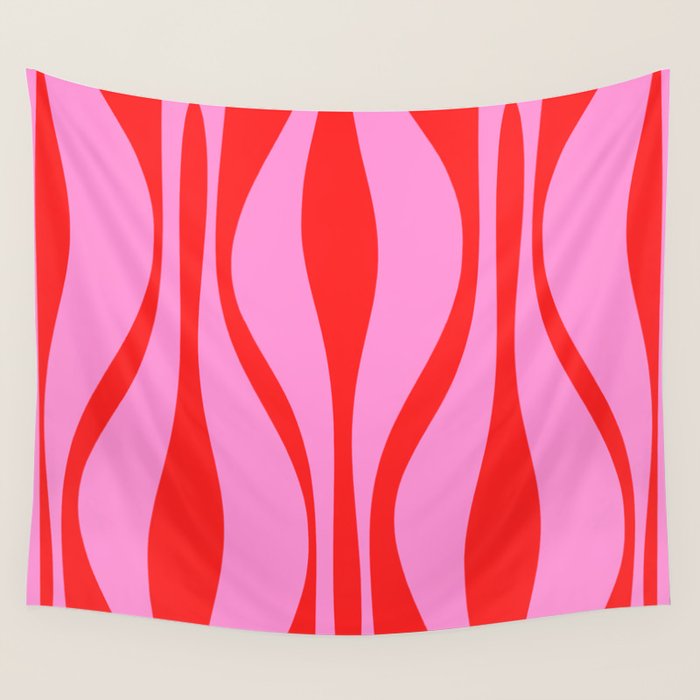 Mid Century Modern Retro Lounge Ogee Pattern Preppy Pink and Red Wall Tapestry Gallery Image 1
