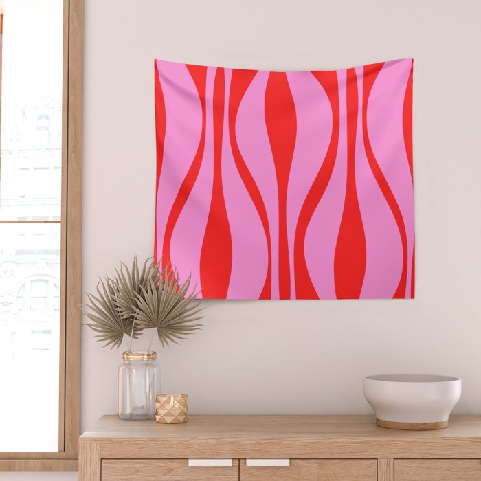Mid Century Modern Retro Lounge Ogee Pattern Preppy Pink and Red Wall Tapestry Gallery Image 2