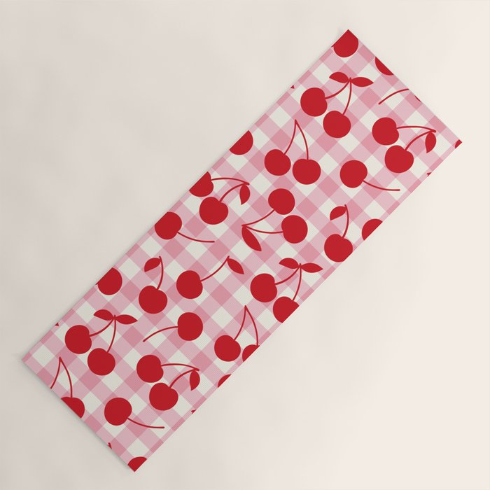 Red Cherries & Blush Pink Gingham Yoga Mat Gallery Image 1