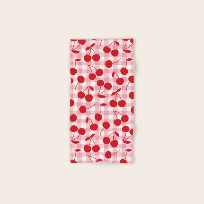Red Cherries & Blush Pink Gingham Bath Towel Gallery Image 1