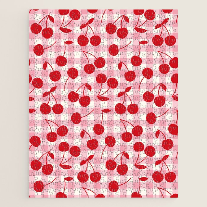 Red Cherries & Blush Pink Gingham Jigsaw Puzzle Gallery Image 1