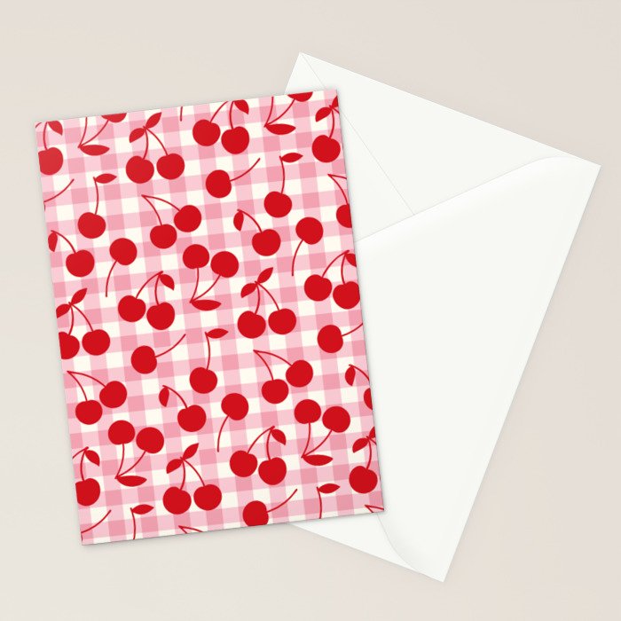 Red Cherries & Blush Pink Gingham Stationery Card Gallery Image 2