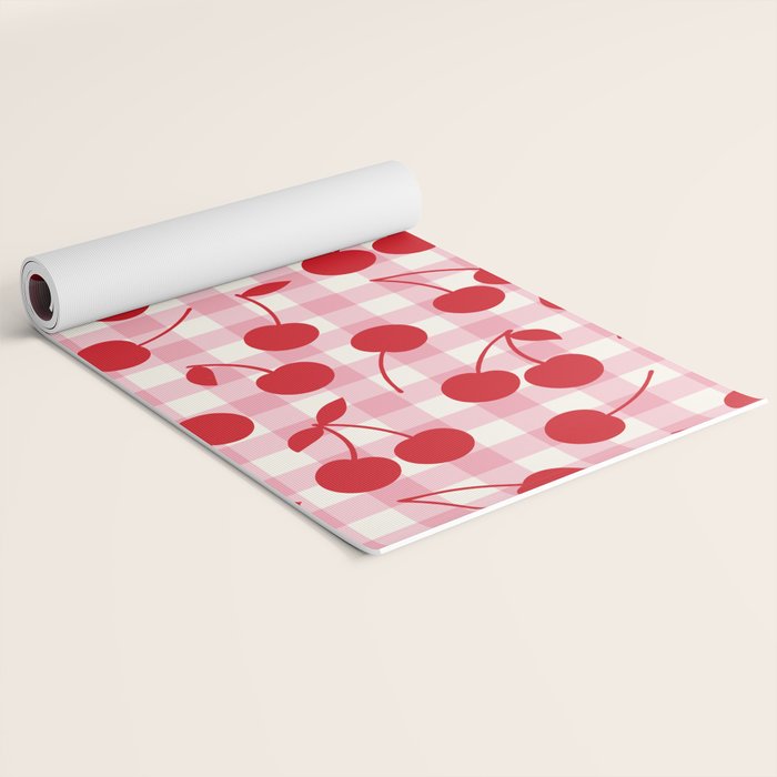 Red Cherries & Blush Pink Gingham Yoga Mat Gallery Image 2