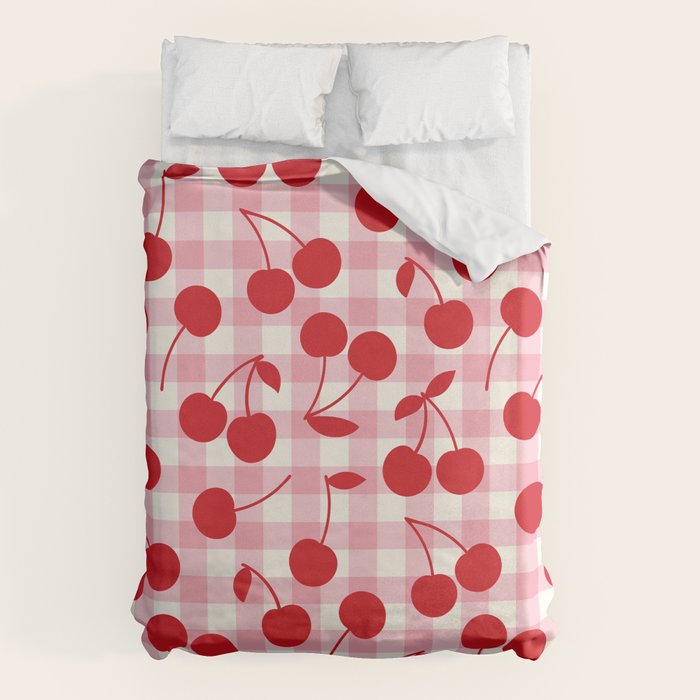 Red Cherries & Blush Pink Gingham Duvet Cover Gallery Image 1