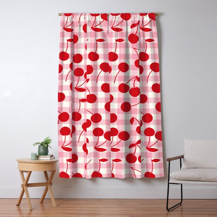 Red Cherries & Blush Pink Gingham Window Curtain Gallery Image 5