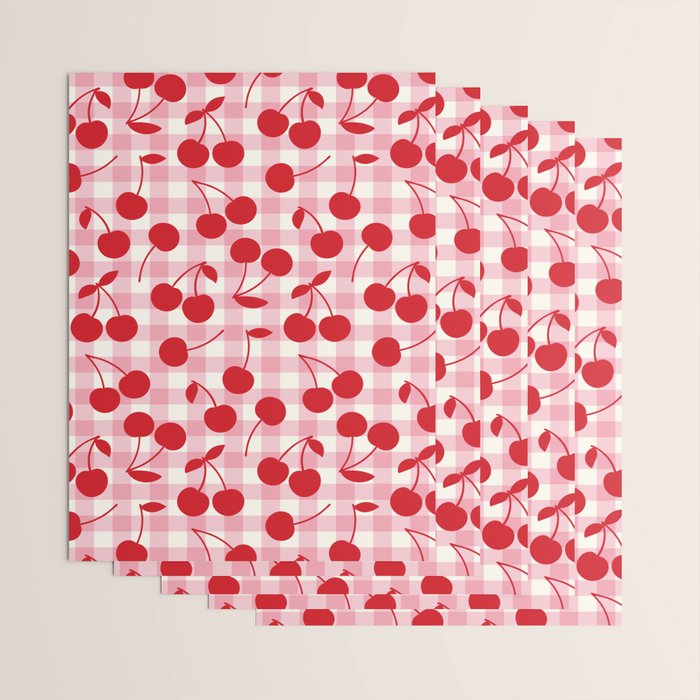 Red Cherries & Blush Pink Gingham Wrapping Paper Gallery Image 3