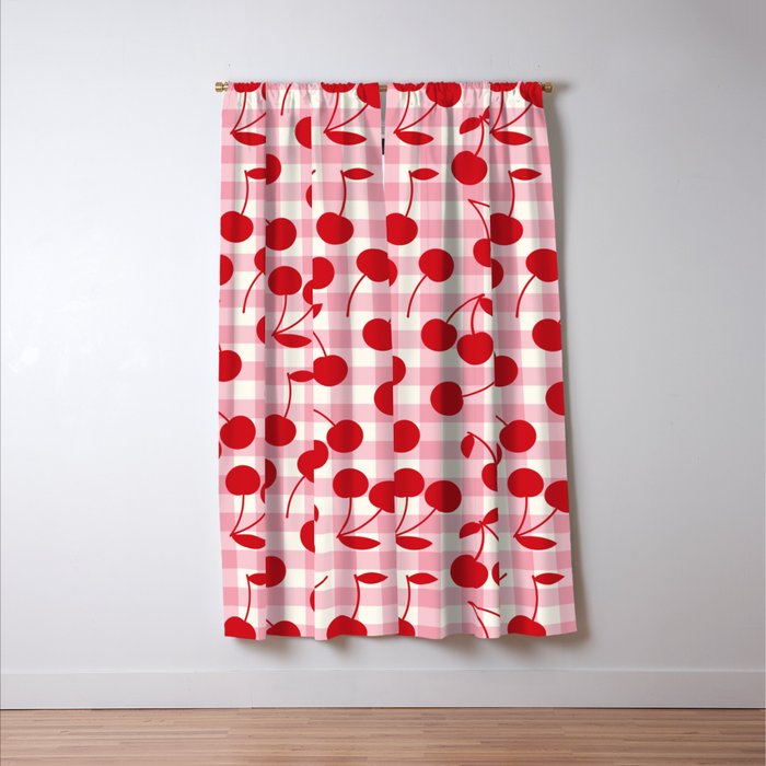 Red Cherries & Blush Pink Gingham Window Curtain Gallery Image 3
