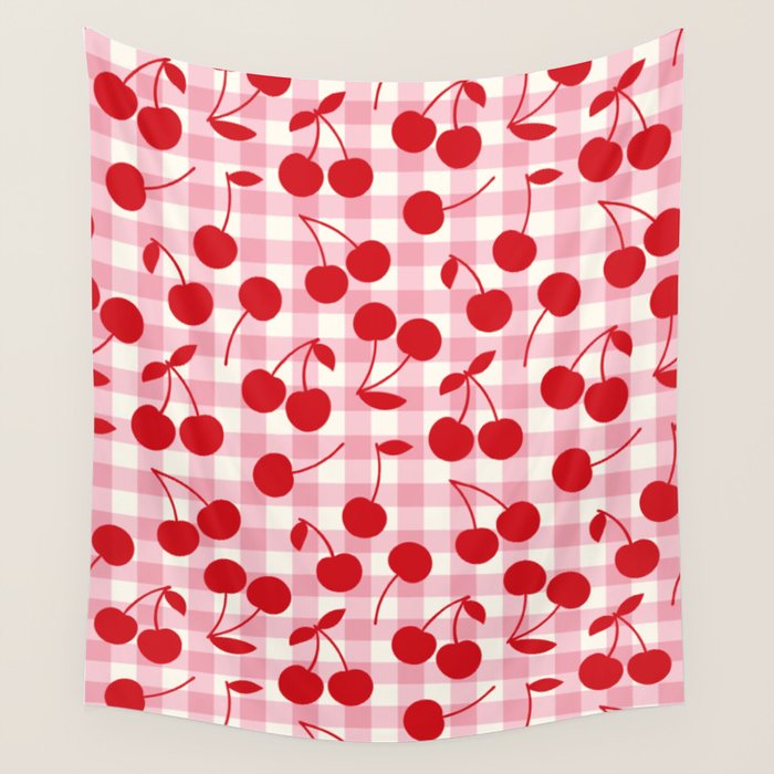 Red Cherries & Blush Pink Gingham Wall Tapestry Gallery Image 1