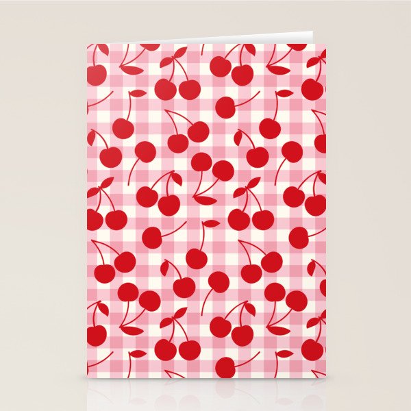 Red Cherries & Blush Pink Gingham Stationery Card Gallery Image 1