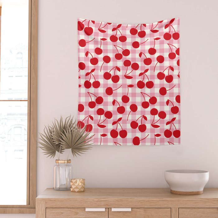 Red Cherries & Blush Pink Gingham Wall Tapestry Gallery Image 2