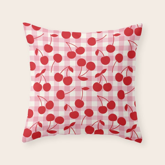 Red Cherries & Blush Pink Gingham Throw Pillow Gallery Image 1