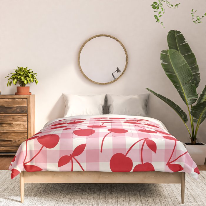 Red Cherries & Blush Pink Gingham Comforter Gallery Image 3