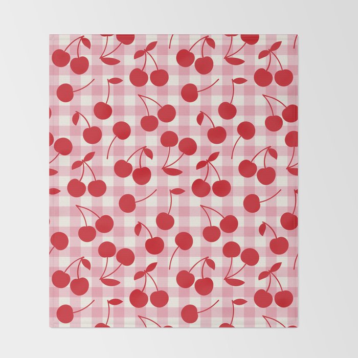 Red Cherries & Blush Pink Gingham Throw Blanket Gallery Image 2